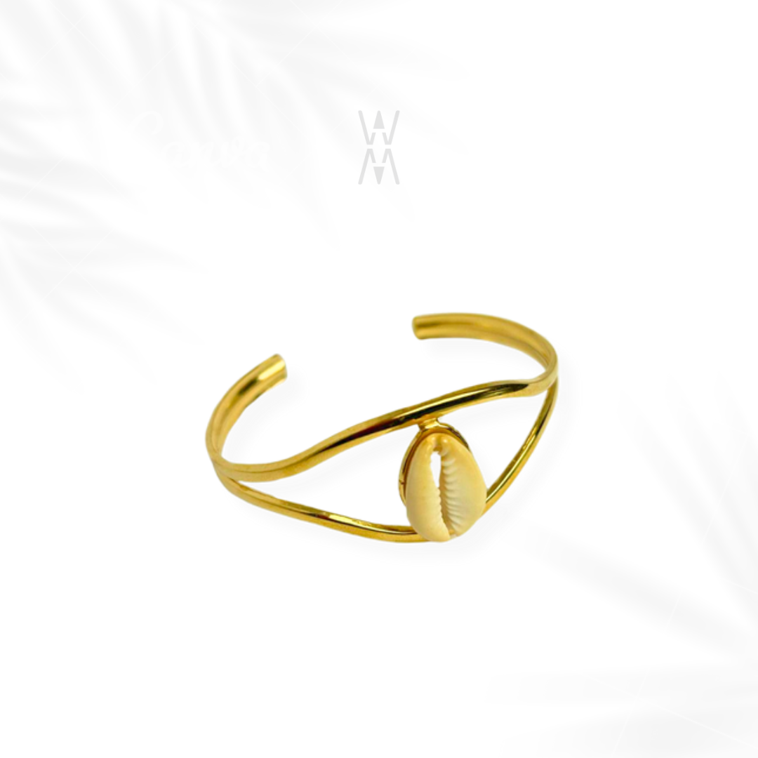 Kali | Bracelet jonc ajustable dorée avec cauri en acier inoxydable